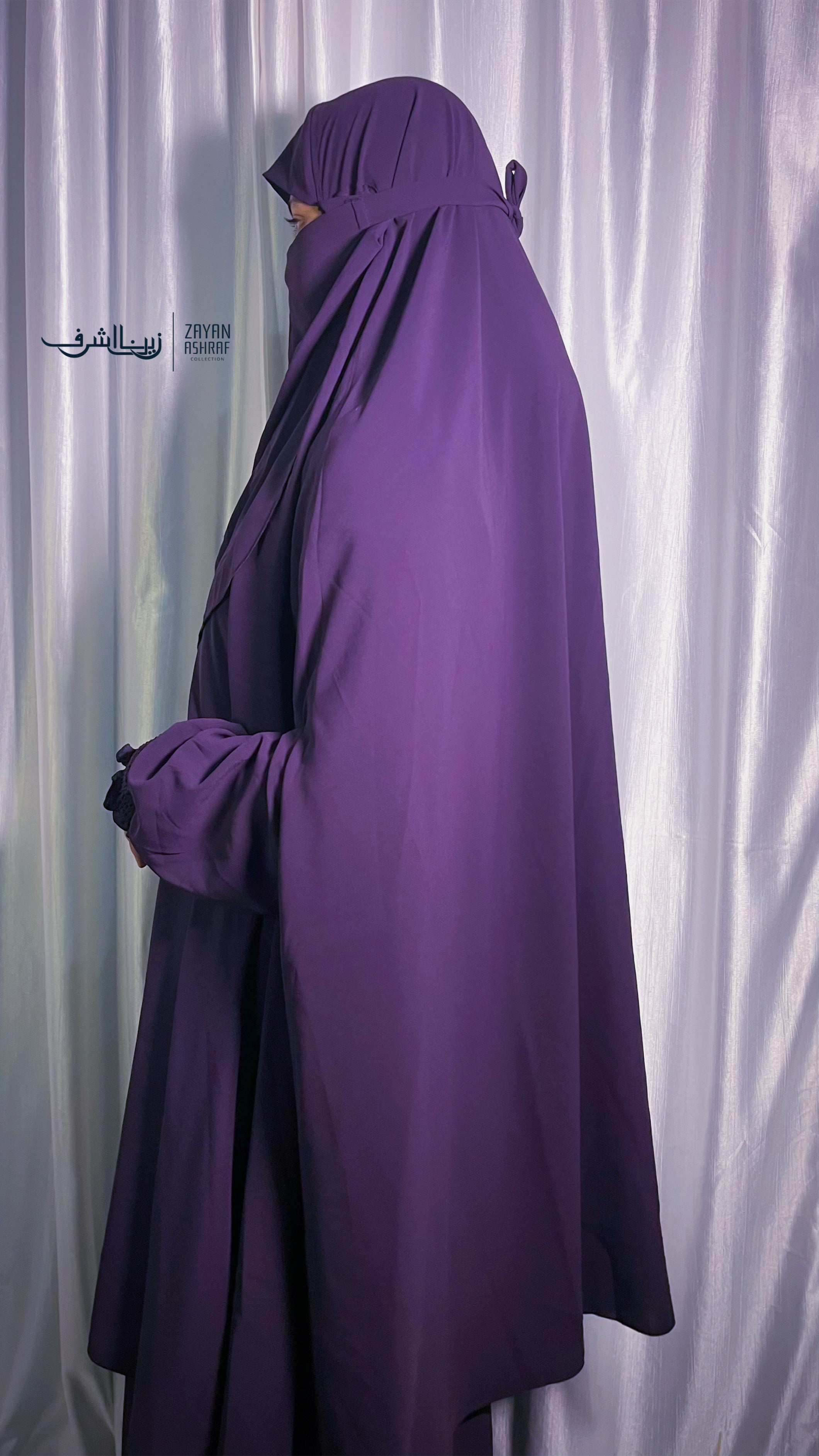 Premium two piece knee length jilbab khimar and skirt dark purple with noise piece